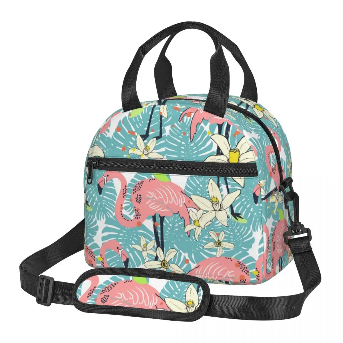 Flamingo Tropical With Flowers Large Thermal Insulated Lunch Bags With Adjustable Shoulder Strap Cooler Thermal Food Box