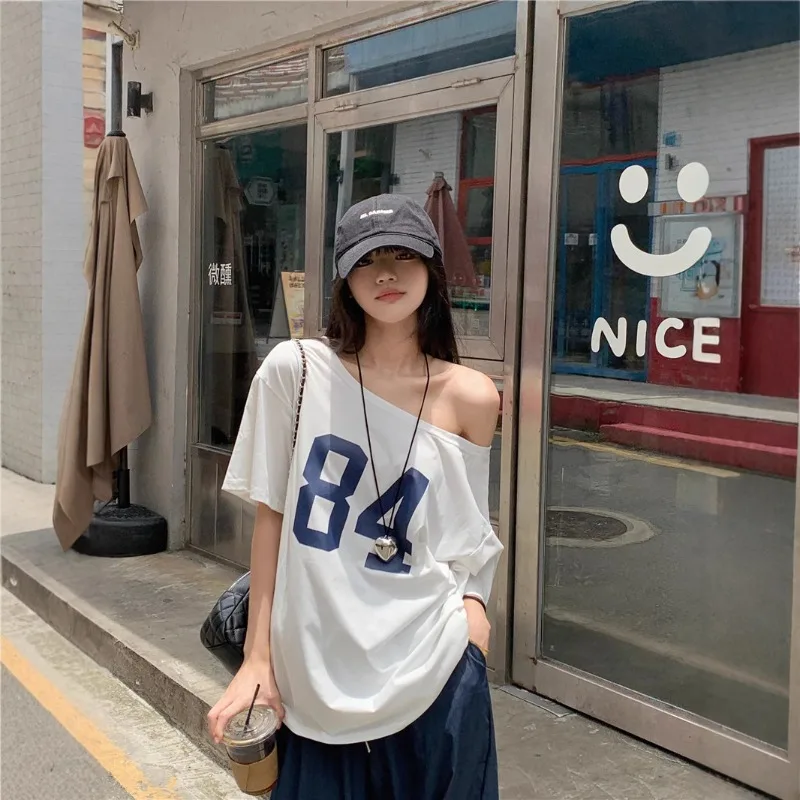 Student Summer Slim Letter Off-Shoulder Casual Short Sleeve Women Girl Loose Top Woman Casual T-Shirt Ladies Sports Base Shirt