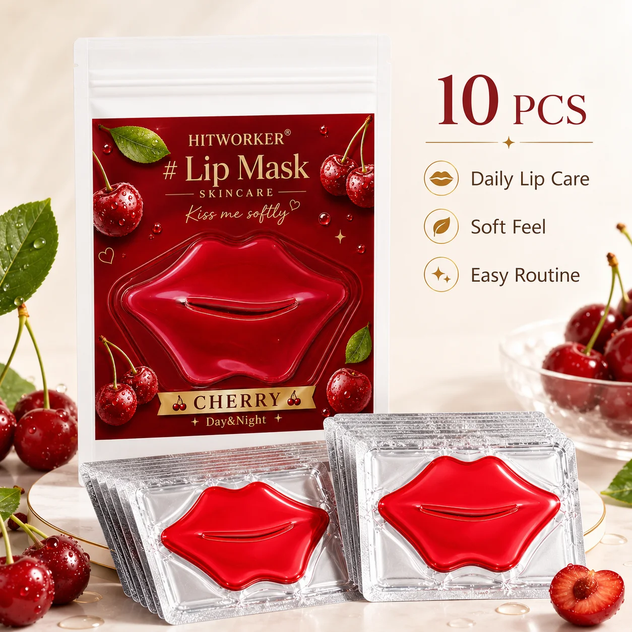 Skincare Routine - 10Pcs Cherry Lip Skincare Masks, Soft-Touch