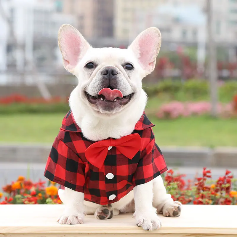 Pet Dog Clothes Plaid Shirt Suit Tie Gown Spring Summer Puppy Coat Teddy Bear Pomeranian Vest Small-Medium Dog Cat Pet Costume