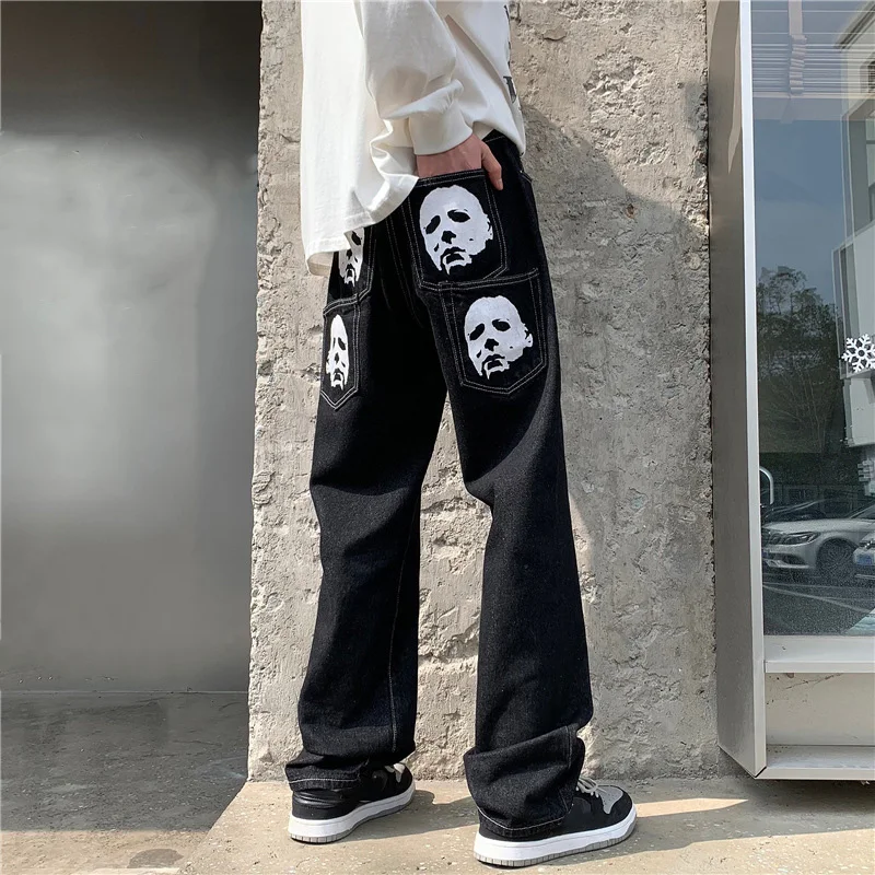 

Hip Hop Printed Jeans Men Baggy Black Denim Trousers Straight Pants Spring Fashion Korean Streetwear Male Bottoms Y2K Clothes