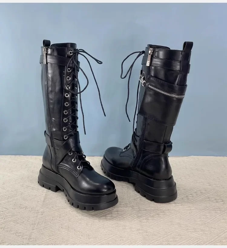 Soft Leather Platform Lace-Up Knee-High Boots Women British Style Round-Toe Long Botines Mid-Calf Punk Knight Botas Femininas