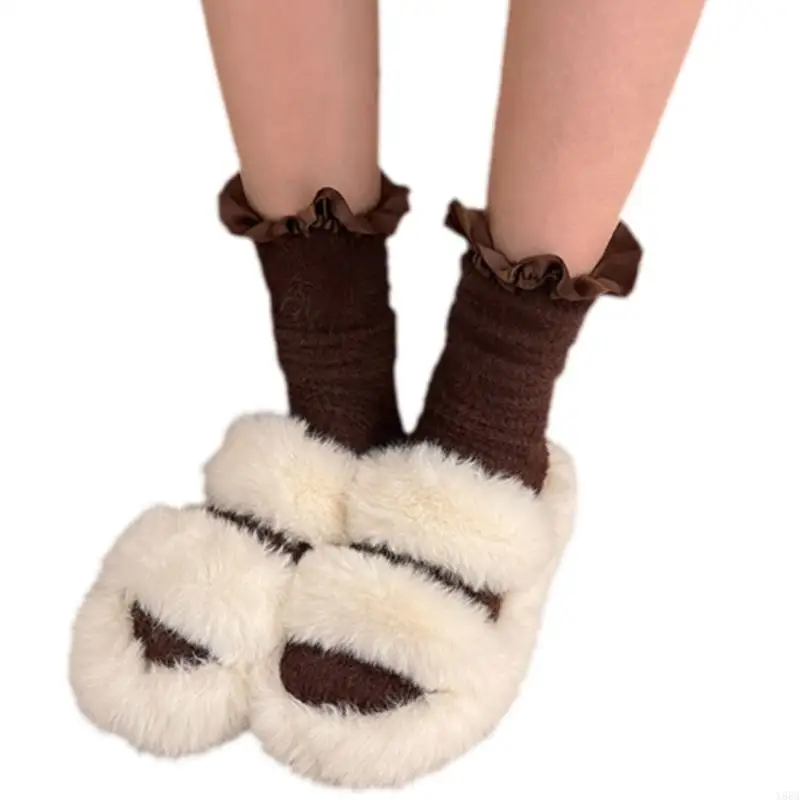 Y88A – chaussettes chaudes en fourrure pour mollet, garniture à volants soyeux, peluche pelucheuse, bracelet cheville,