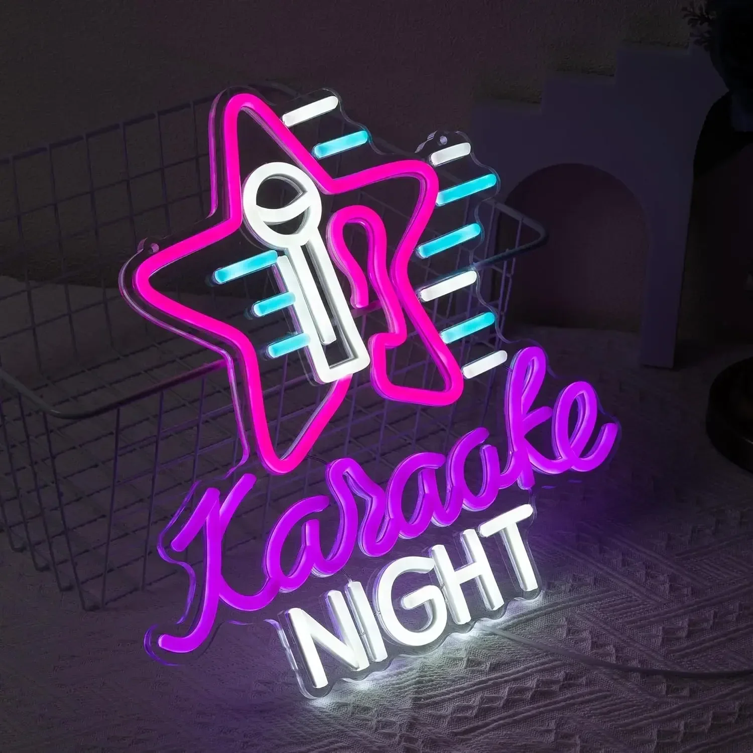 Karaoke Night Neon Sign Microphone Star LED Wall Art USB Powered Glow Lamp Bar Decor Party Music Room Novelty Gift Hanging Light