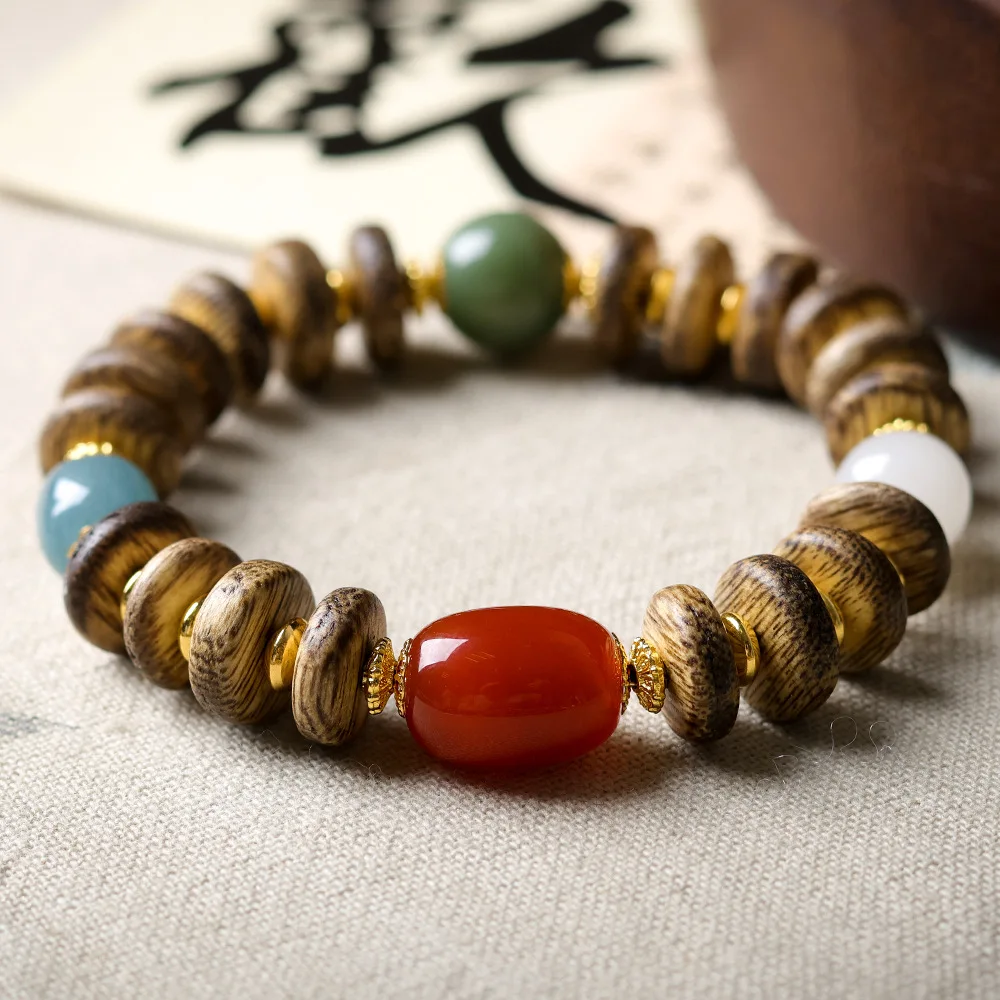 West Malaysian Agarwood Medicinal Bead Bracelet South Red Agate Tianshan Jade Handcrafted Chinese-Style Bracelet