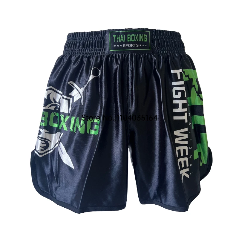 Thai Boxing Shorts Schwarz Grün Muay Thai Kampf Kickboxen Training Workout Gym Shorts für Männer Frauen Kinder Atmungsaktive Boxhose