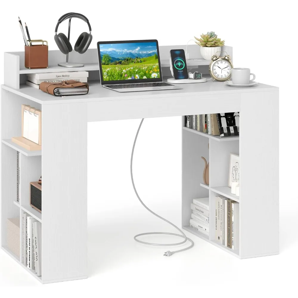 Computer Desk with Power Outlets, 43” Home Office Desk with Monitor Shelf & 2 Bookcases, Modern Writing Desk PC Workstation wit