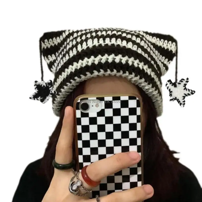 Y2k Handmade Ear Hat Knit Winter Windproof Hat with Dangle Star