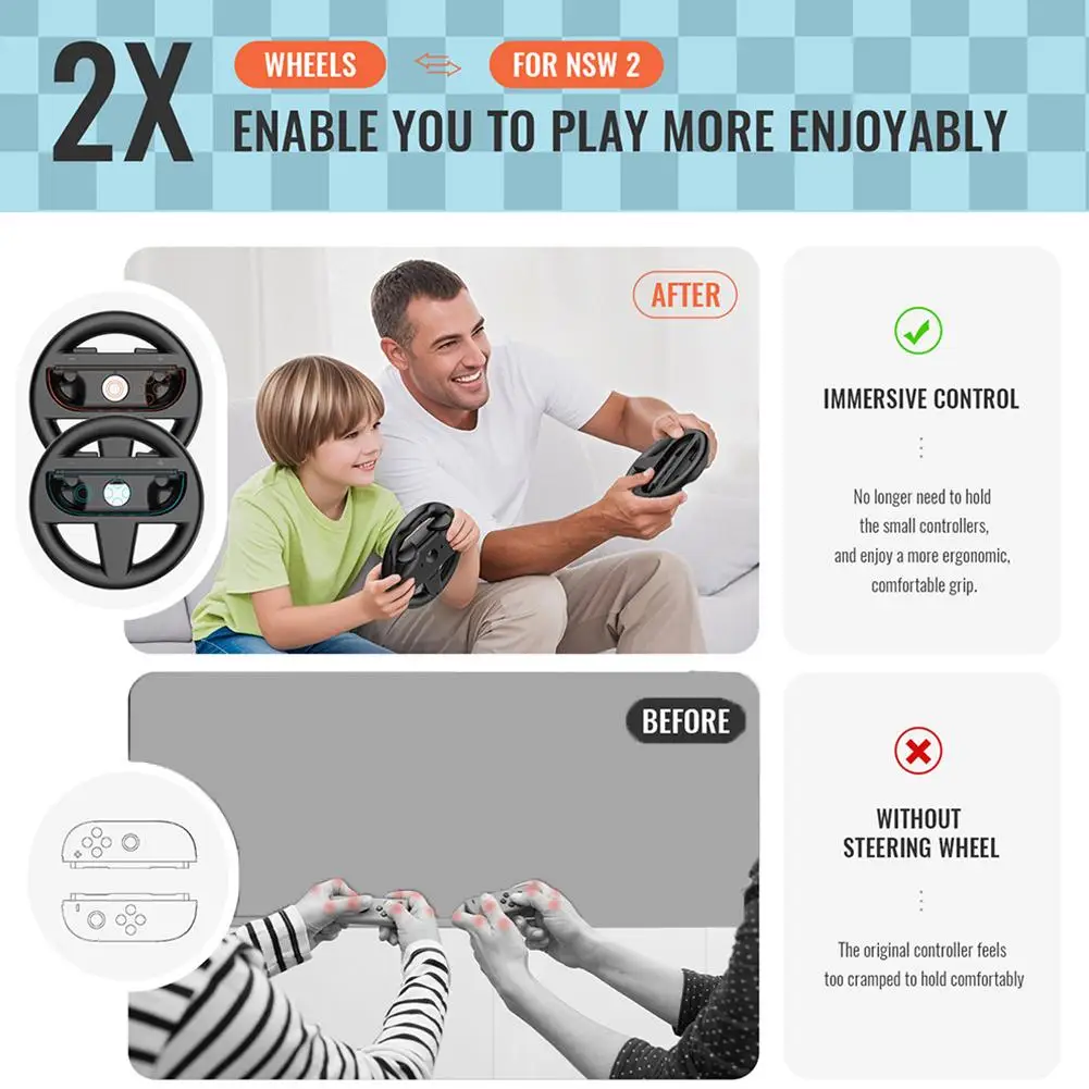 

2 Pack Steering Wheels for Nintendo Switch 2 JoyCon Controllers Racing Wheels for Mario Kart 8 Deluxe Family Use Accessorie V9F3