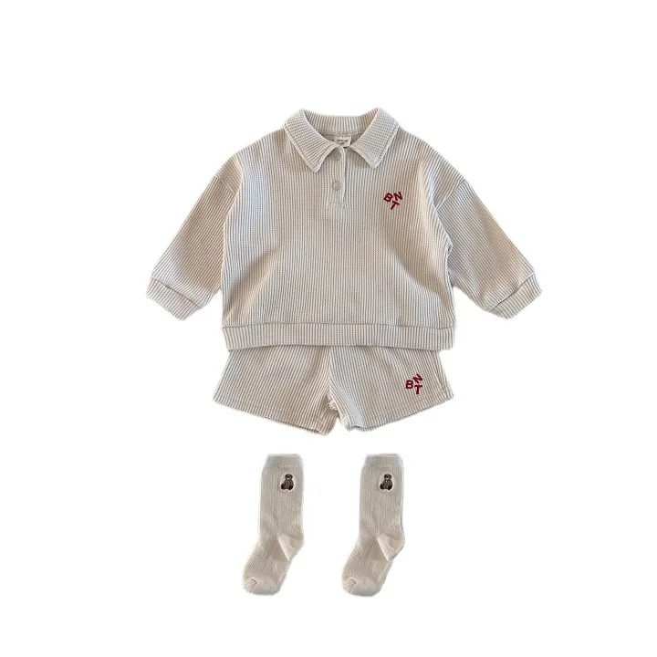 2024 Spring New Children Long Sleeve Clothes Set Baby Boys Girls Lapel Tops + Shorts 2pcs Suit Kids Versatile Casual Outfits