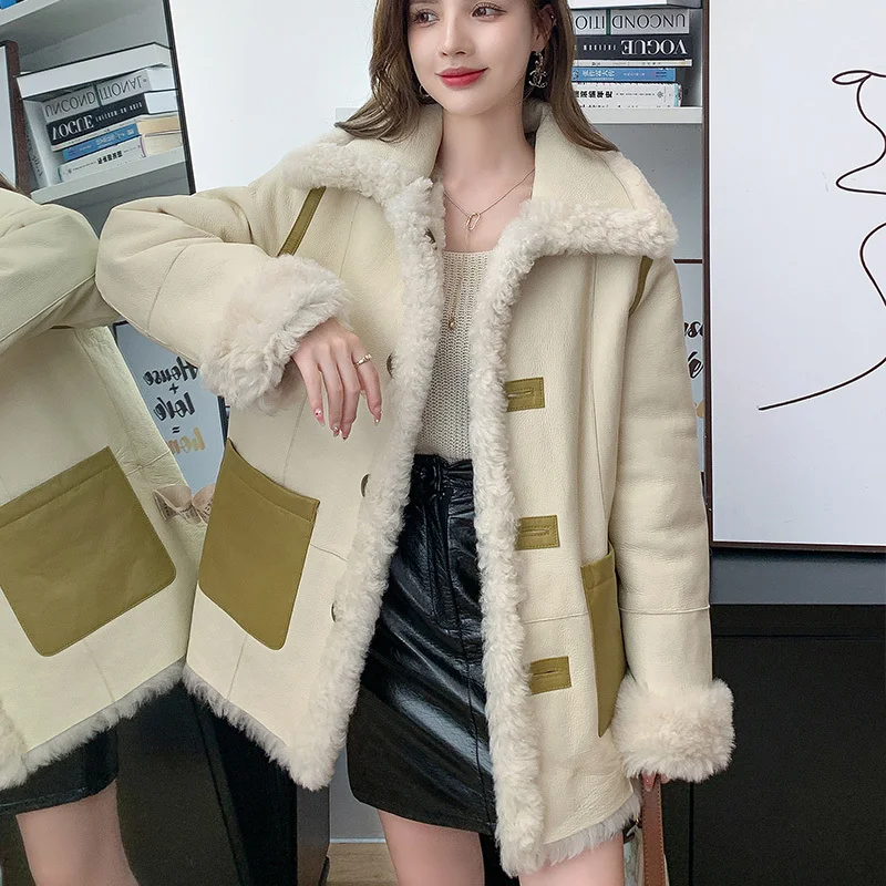 2024 Winter Shearling Jack Mode Dubbel Gezicht Leren Jassen Dikke Warme Lamsbont Jassen Vrouwen Overjas