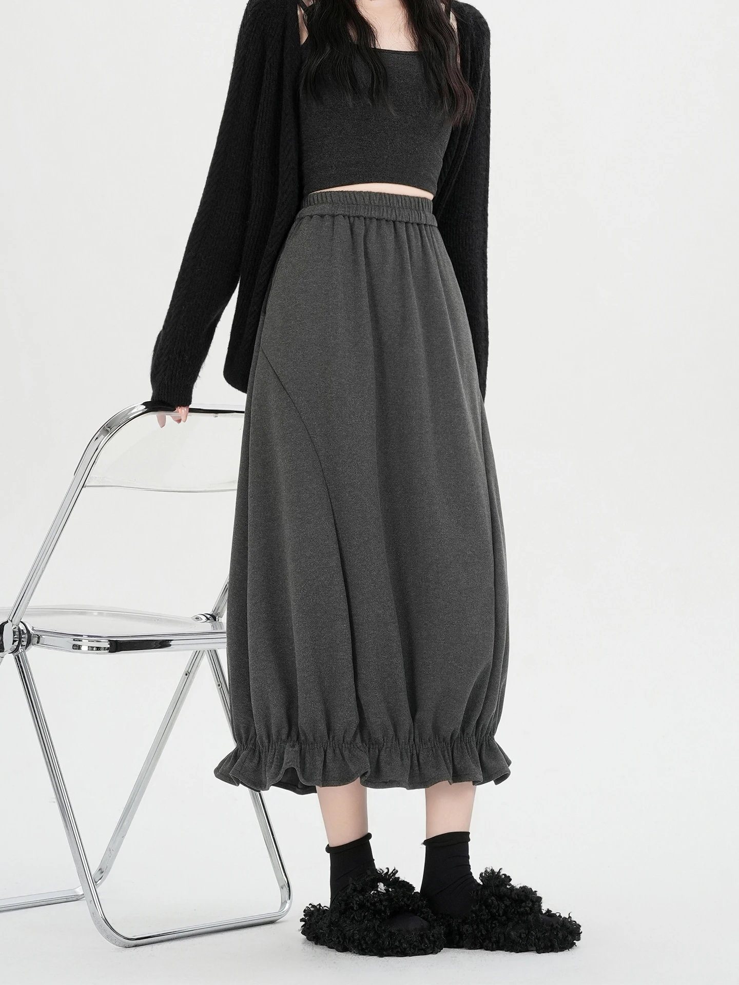 الرجعية الكورية ey زهرة برعم f تنورة المرأة الخريف الشتاء الحلو Aosphere عالية الخصر Dra التخسيس ميدي فانوس تنورة