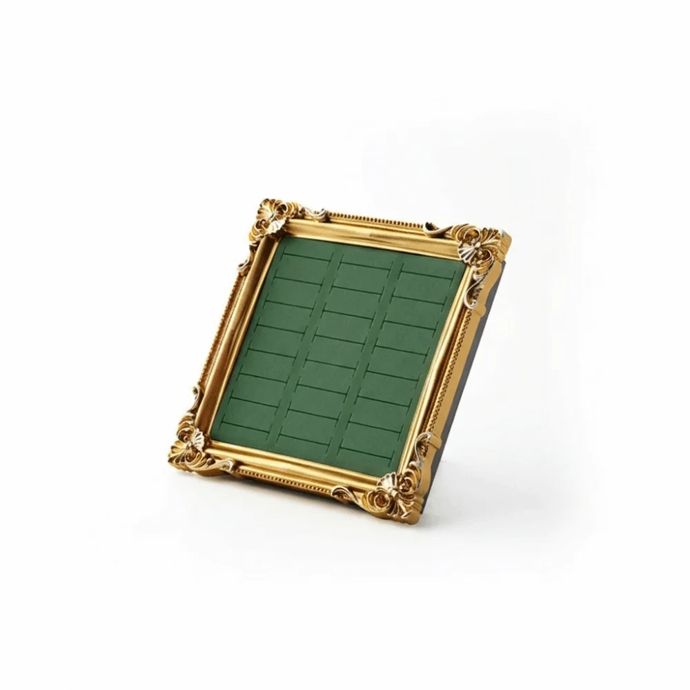 

European-style Vintage Jewelry Display Rack Aesthetic Square Photo Frame Wooden Ring Display Trinket Stand Gold