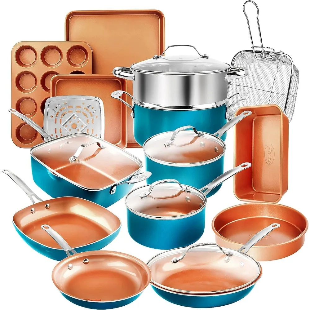 

Cookware Set, 20 Piece Set of Copper Pot and Flat Bottomed Pot Non Stick Pot Set+full Set of Ceramic Baking Set for Kitchen Use