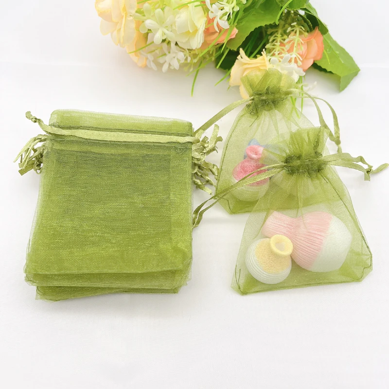 Sacos de Organza em Exército Verde, Embalagem Perfeita para Presentes de Natal, Fontes Do Partido, Bolsas De Armazenamento De Doces De Casamento, 100Pcs