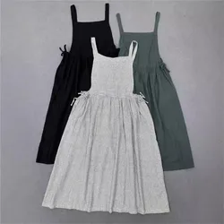 Johnature Japanese Mori Women Cotton Linen Strap Retro Drawstring Waist Dresses 2025 New French Long Strap Sleeveless Dresses