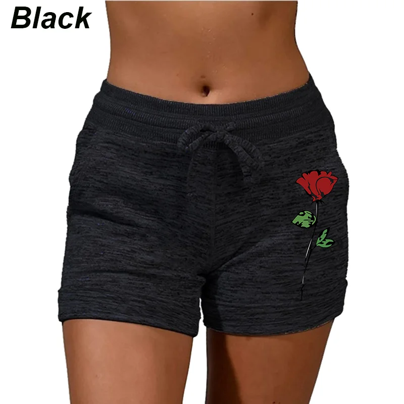 Trending Rose Printed Women Shorts Drawstring High Waist Sport Stretchy Shorts Plus Size Elastic Waist Yoga Running Shorts