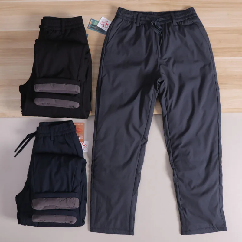 

Thiened Winter Casual Pants Men's Straight Leg Elastic Waist Warm Trousers Non-swollen Fearl of Cold