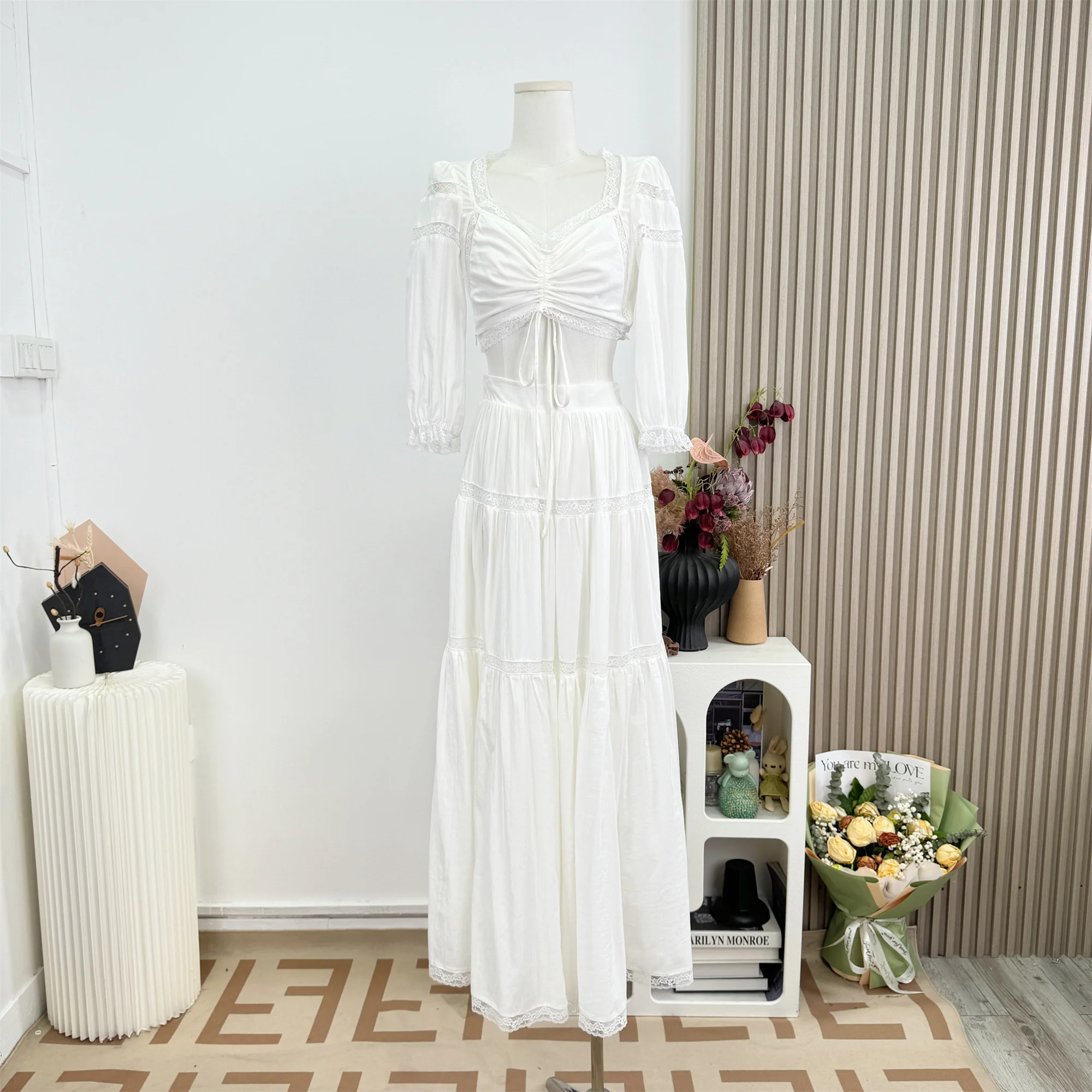 

Women's Summer Two Pieces Skirt Set Lady Square Neck Three Quarter Sleeve Short Shirt Top + Elastic Waist A Line Long Skirt
