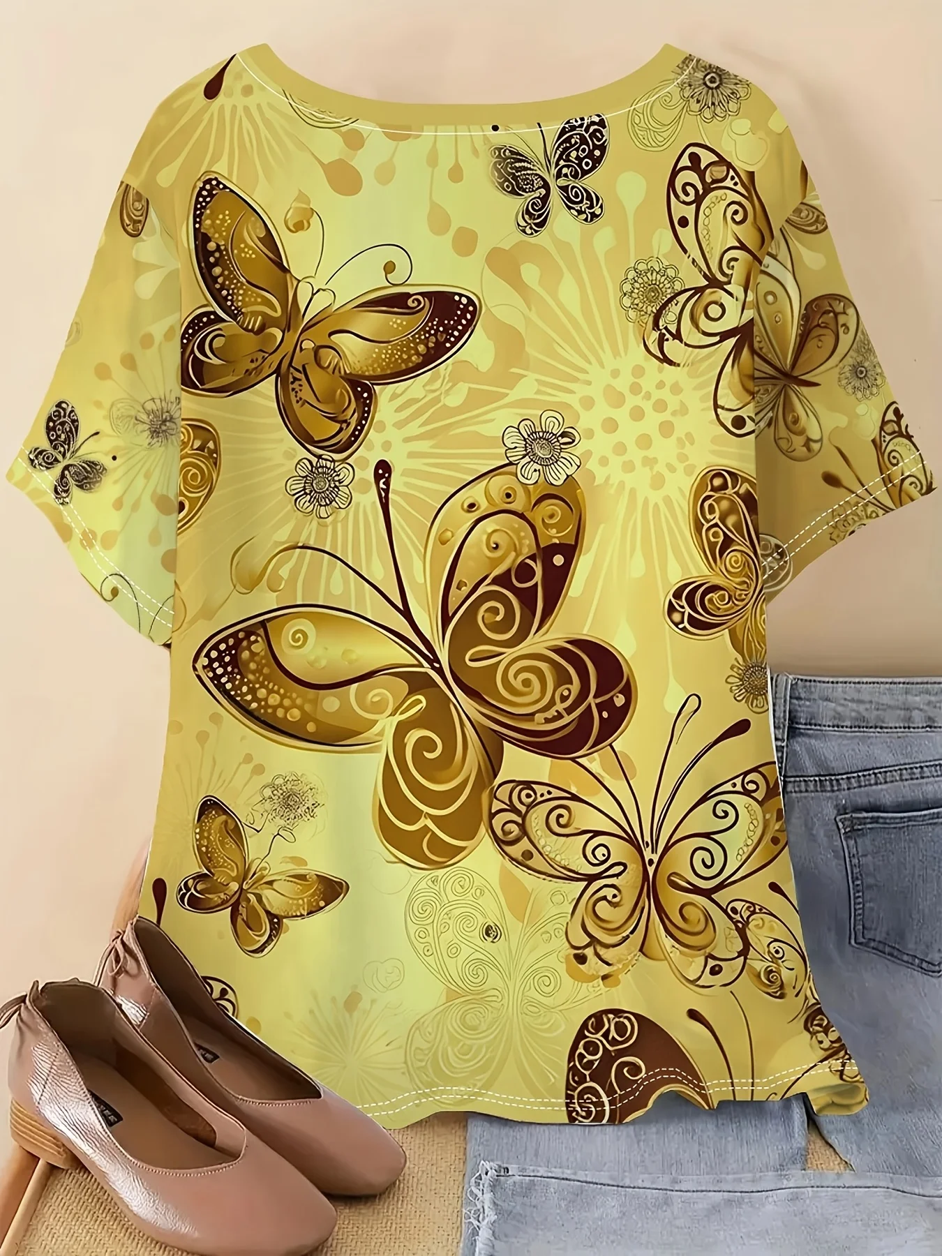 Women O‑neck Short Sleeve Tee Top Golden Butterfly Floral Print Casual Summer Daily Tops Women's Clothes