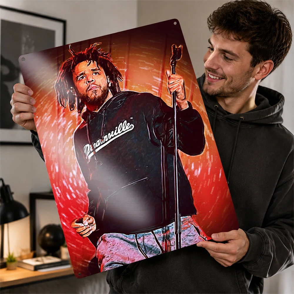 J Cole Microphone Stand Portrait Aluminum Poster Painterly Wall Art For Listening Room Customized Metal Sign Hip Hop Fan Gift