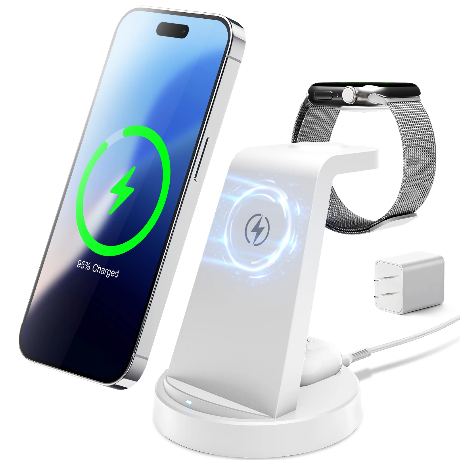 Support de chargeur magnétique sans fil 3-en-1 15W à charge rapide, station d'accueil et support de téléphone pour iPhone 17 16 15 14 AirPods Watch