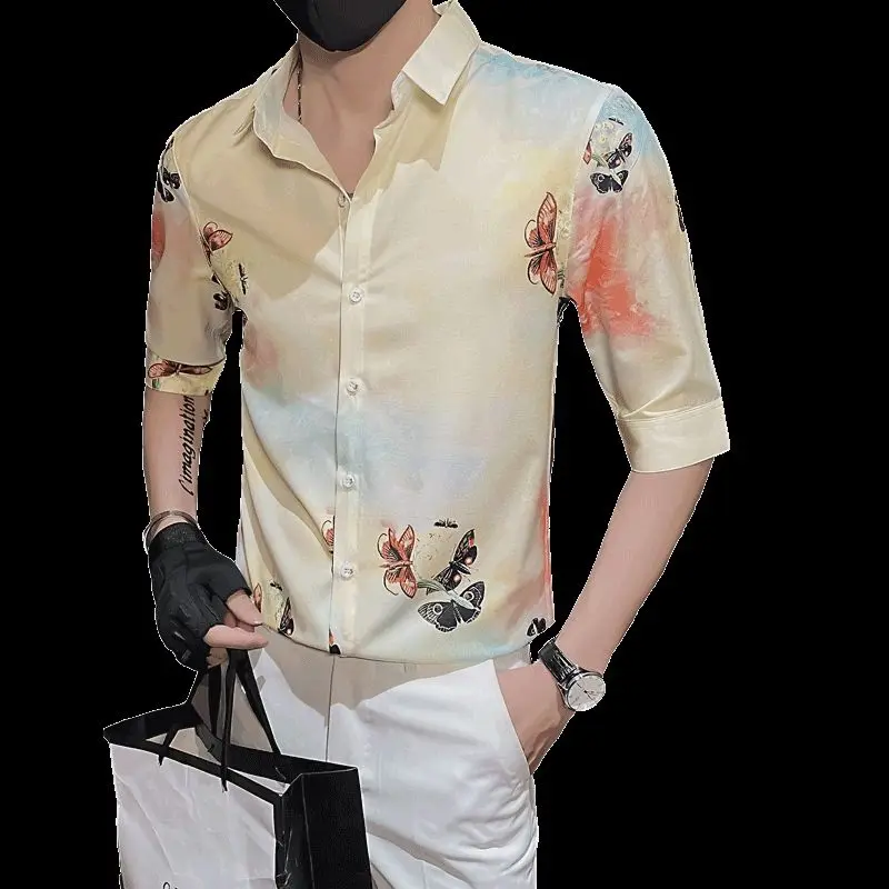 Vintage Printed Lapel Button All-match Floral Shirts Men\'s Clothing 2024 Spring New Oversized Casual Tops Half Sleeve Shirt