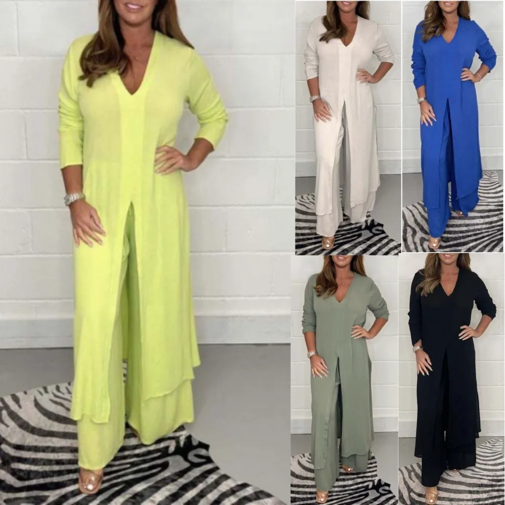 2023 Casual Two Piece Set For Women Solid Color V-neck Maxi Slit Tops And Loose Wide Leg Pant Sets Fashion Lady Suits Streetwear