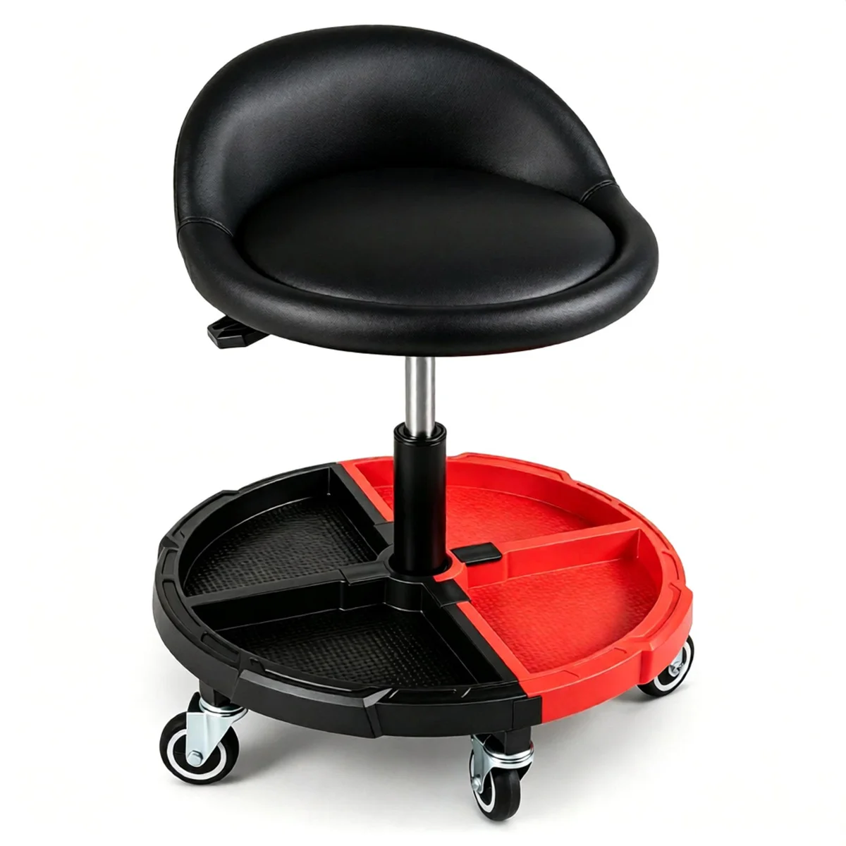 Adjustable Rolling Mechanic Stool with Lumbar Backrest Removable Tool Tray, 360° Swivel Lockable Wheels, 330 LBS Capacity Gas Lift Garage Workshop Repair Seat Black Red
