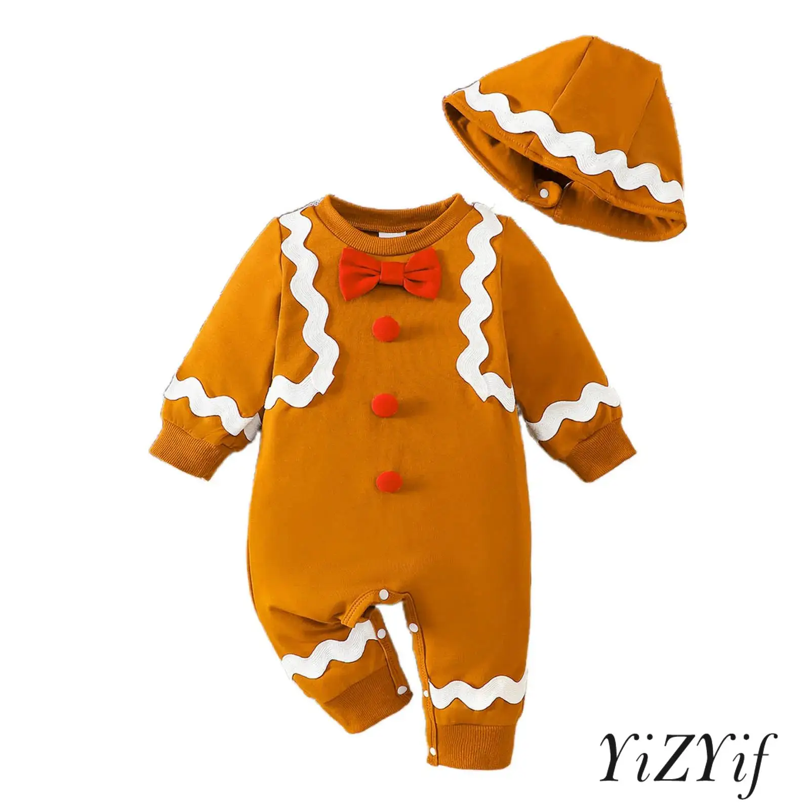 

Baby Gingerbread Costume Boy Girl Christmas Cosplay Outfit Long Sleeve Bow Tie Pompom Gingerbread Romper Jumpsuit with Cute Hat
