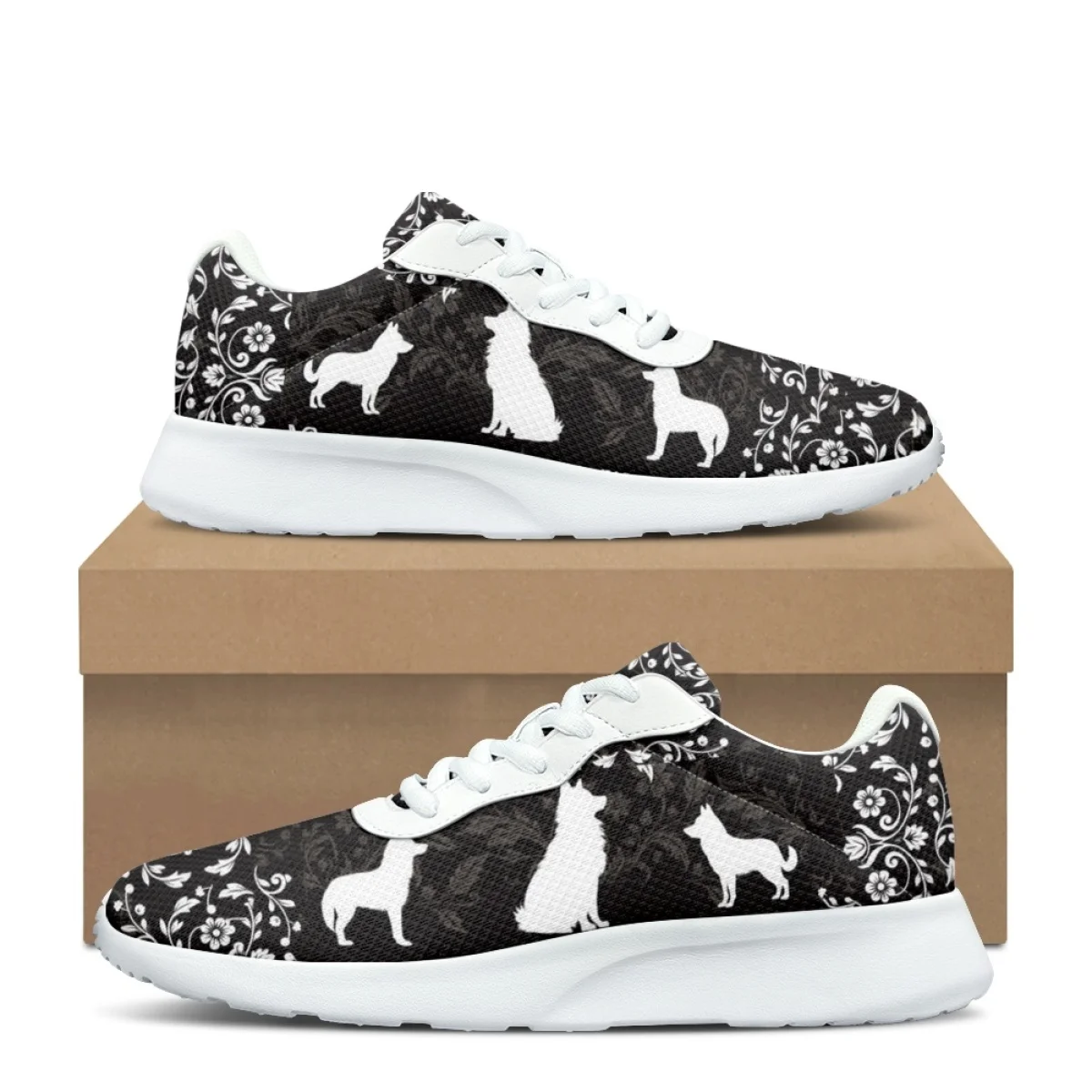 Zapatillas de deporte antideslizantes con estampado de perro y flores para mujer, zapatos informales cómodos con absorción de golpes, diseño de lujo, moda para exteriores