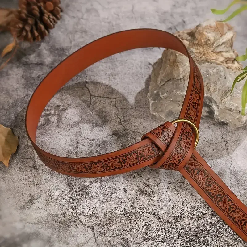 Medieval Vintage Renaissance Forest Leaf Embossed O-Ring Adjustable PU Belt  For LARP and Fantasy Cosplay Costume Accessories