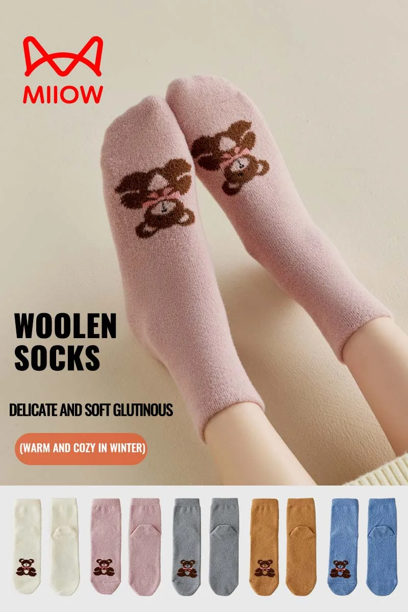 Miiow meias de lã coral de pelúcia mulheres dos desenhos animados bonito ursinho inverno aquecido grosso macio quente casa interior bootie meia pós-parto