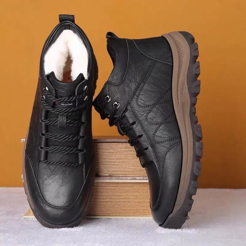 Big Size 48 Winter Hiking Shoes Snow Boots Men's High Top Leather Warm Thermal Insulated Fleece Lined Trekking Outdoor Man Flats