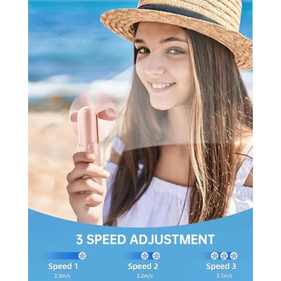 Mini Handheld Fan, Portable Hand Fan with USB Rechargeable, 2000 mAh Battery Operated, 3 Speeds Adjustable, 2 IN 1 Small Person