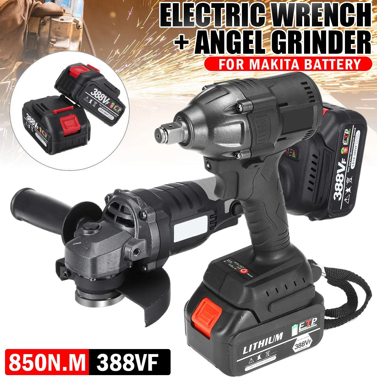 Keuhz 2 IN 1 850N.M Brushless Electric Impact Wrench Screwdriver 125MM Brushless Electric Angle Grinder For Makita Battery