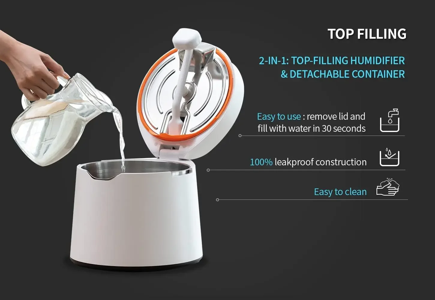 Umidificatore a nebbia fredda ad ultrasuoni in acciaio, silenzioso, facile da pulire per stanze grandi, 1 gal (4 litri), solo 3 parti lavabili, spegnimento automatico