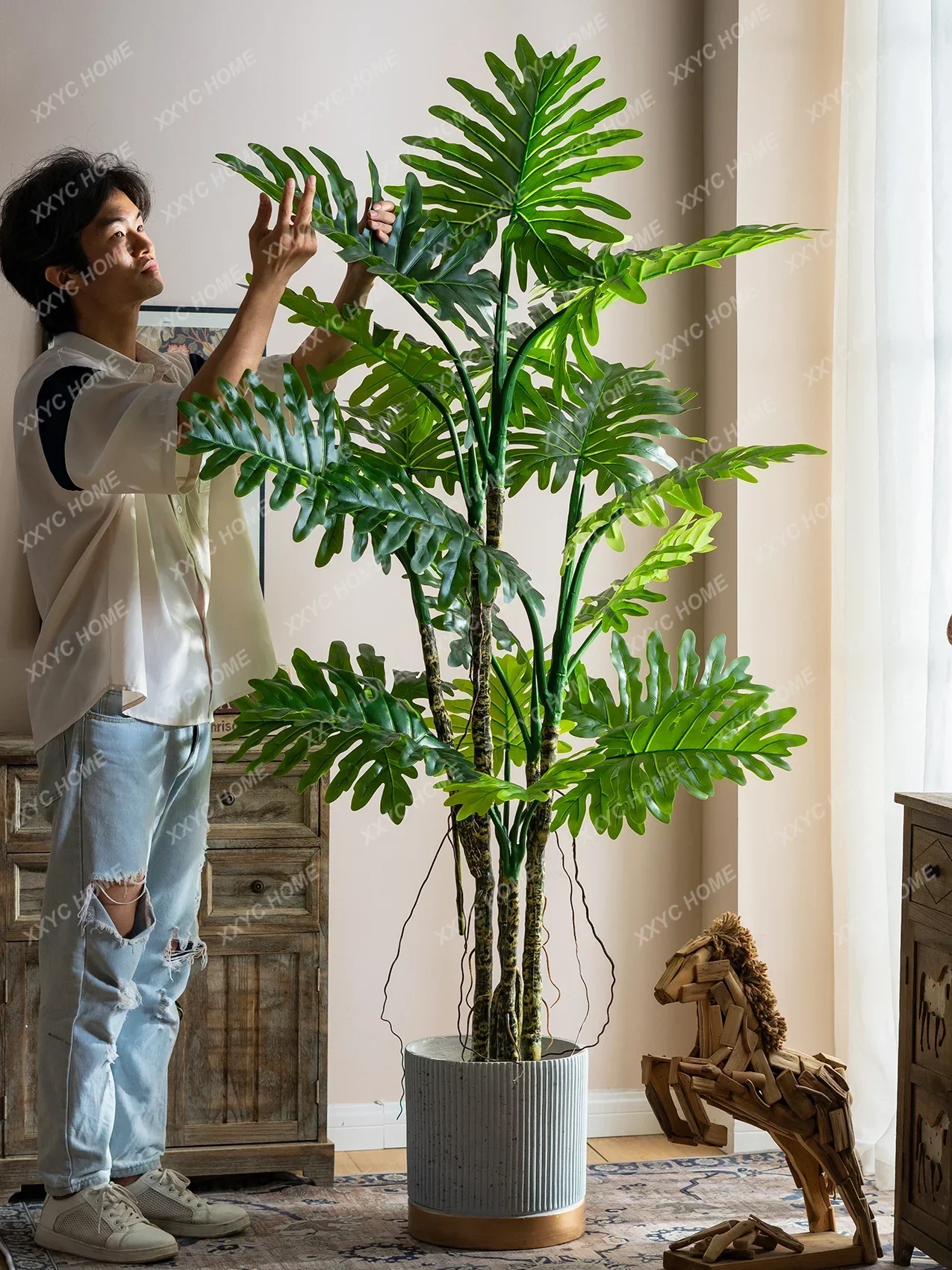 Philodendron Cellum Plant Indoor Woonkamer Decoratie Groot Blad Tropische Nep Bomen Bonsai Groen woonaccessoires