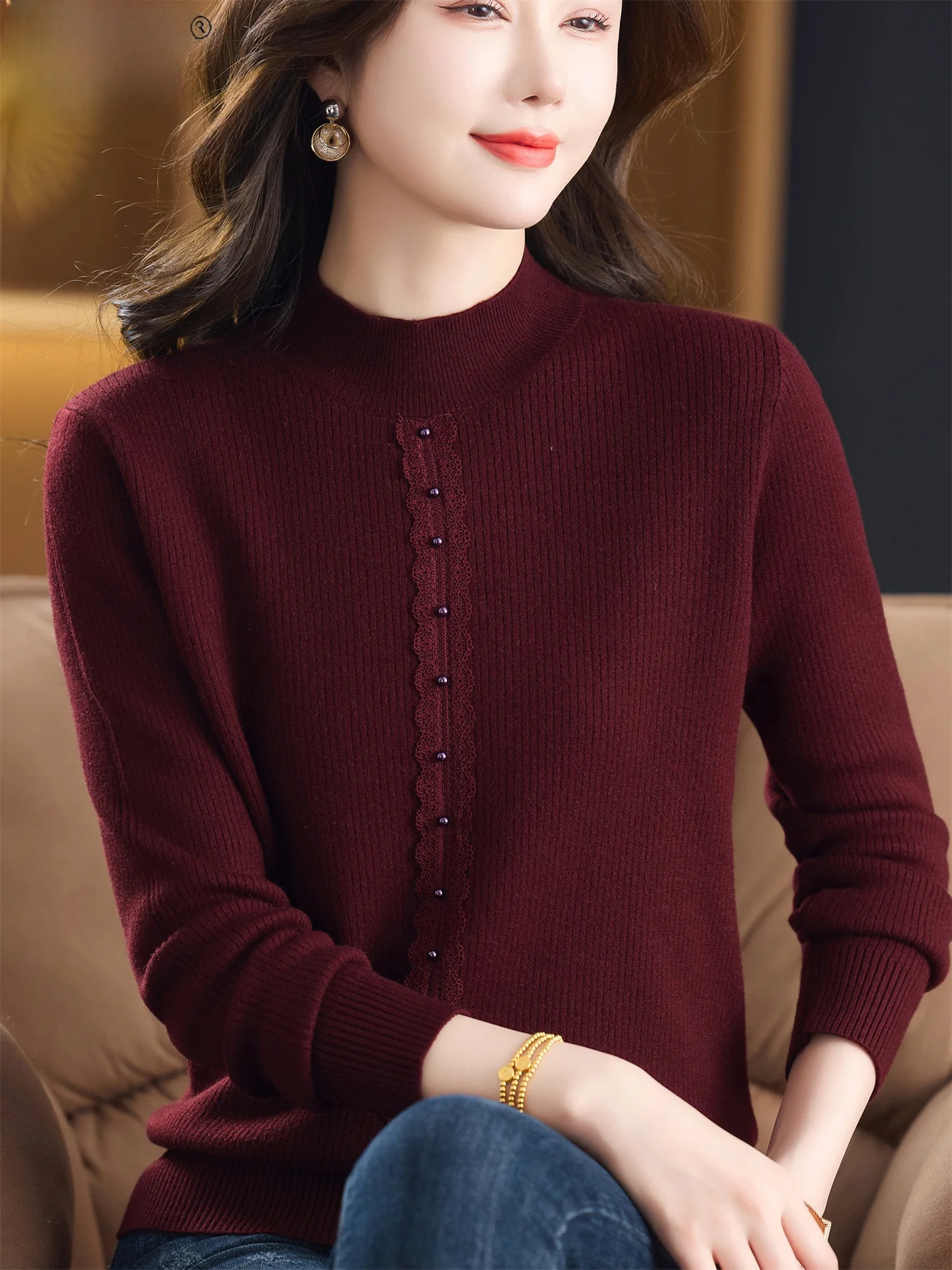 

Теплая шерстяная базовая кофта свободного кроя для среднего возраста, модный топ с высоким воротником и бисерной отделкой для осени и зимы