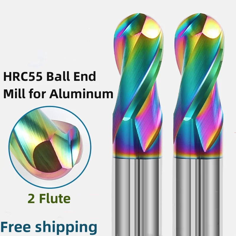 HRC55 Colorful Aluminum Ball Nose End Mill 2 Flute Tungsten Carbide Milling Cutter CNC Machine Tools R10x20x200 R4x8x60