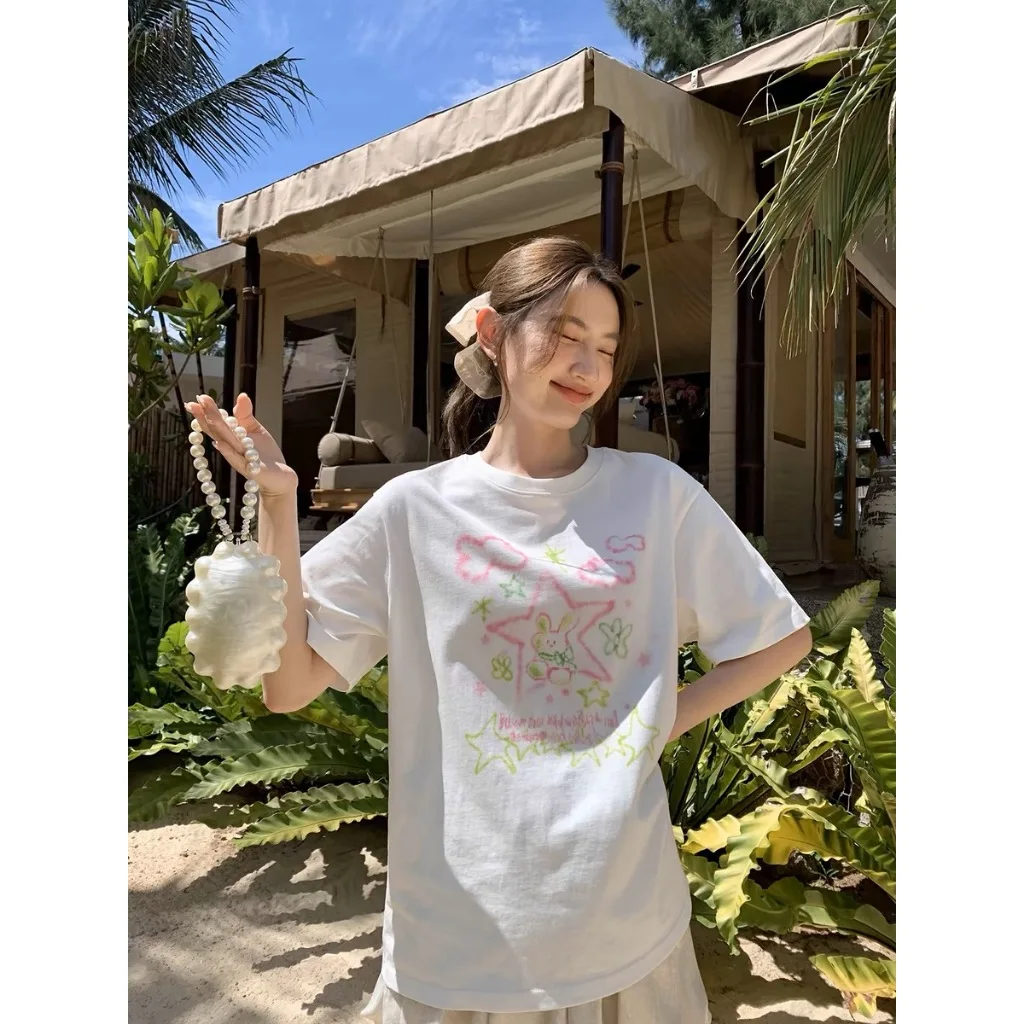 Zomer Katoen Cartoon Print Wit T-shirt Vrouwen 2025, Nieuwe Korte Mouw T-shirt Leuk Ontwerp Gevoel Casual Comfort Top Vrouwelijke kleding
