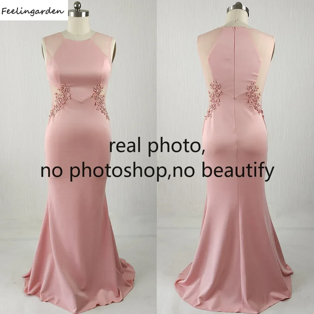 Feelingarden Customized Real Photo Evening Dress Pink Appliques O-neck Mermaid Floor Length Plus size Women Party FOrmal Gowns