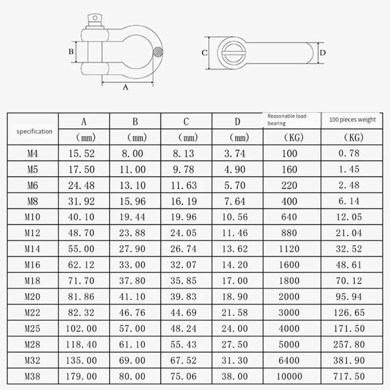 316 Stainless Steel Bow Shackle With Screw Pin Rigging Hardware M4-M38 D Shaped Cufflinks Shackle Type U Sling Rope Screw Hook