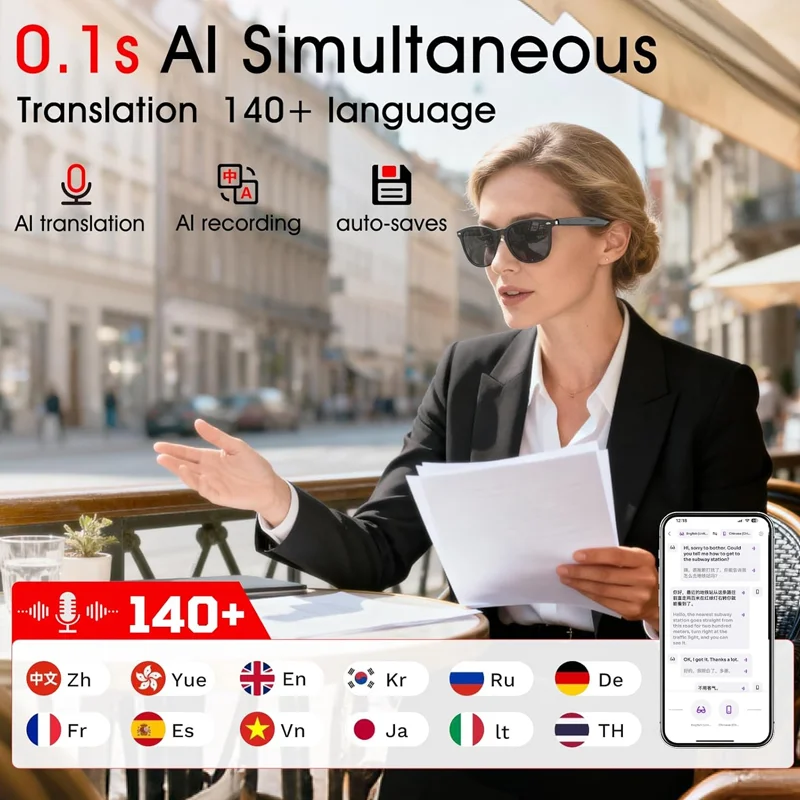 

Видеоочки с искусственным интеллектом и переводами в реальном времени 1080P, 163 языков, AI Trans, запись 4K, беспроводные вызовы, многофункциональные