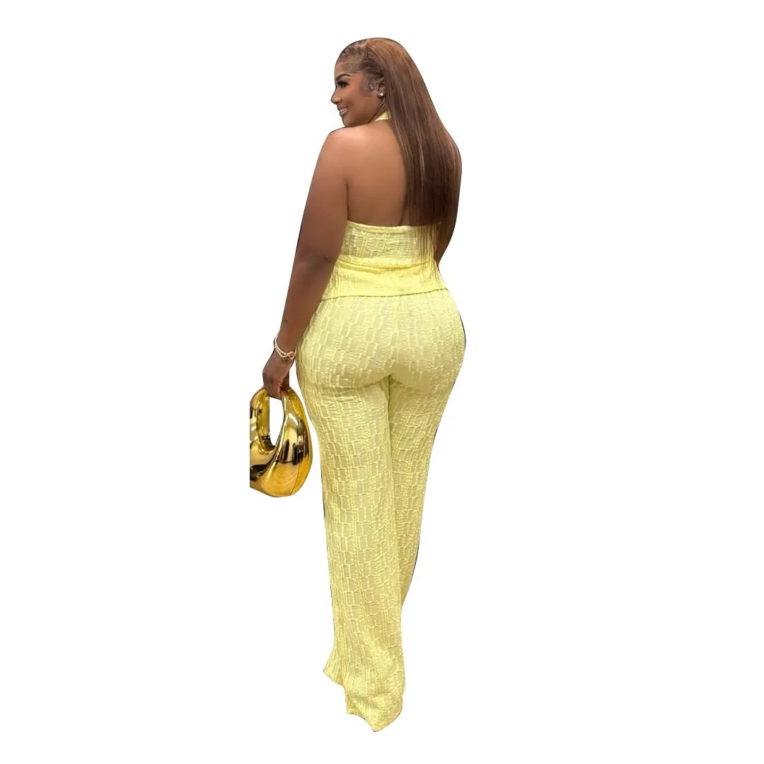 

Women Sets Summer Sleeveless Halter Top Wide Leg High Waist Yellow Trousers Jacquard Solid Long Pants Cropped Drawstring Mint