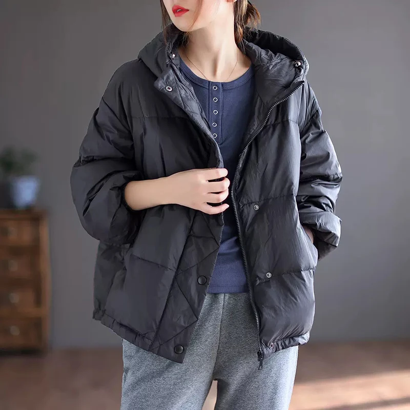 

Korean Style Coat Women 90% White Duck Down Jacket Loose Casual Over Size Autumn Winter Warm Outwear with Hood Jackets