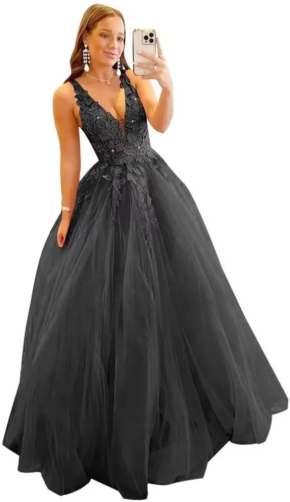 3D الدانتيل زين بريق تول حفلة موسيقية فساتين طويلة الأزهار الخامس الرقبة الكرة أثواب ألف خط عارية الذراعين أثواب السهرة الرسمية #3