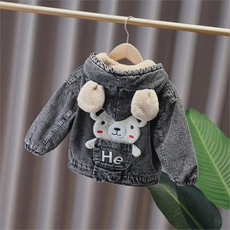 2024 Korean Autumn Winter Girl Denim Jacket Cartoon Bear Hooded Plus Velvet Littie Boy Outerwear Coat 1-6 Year Kids Parka Outfit