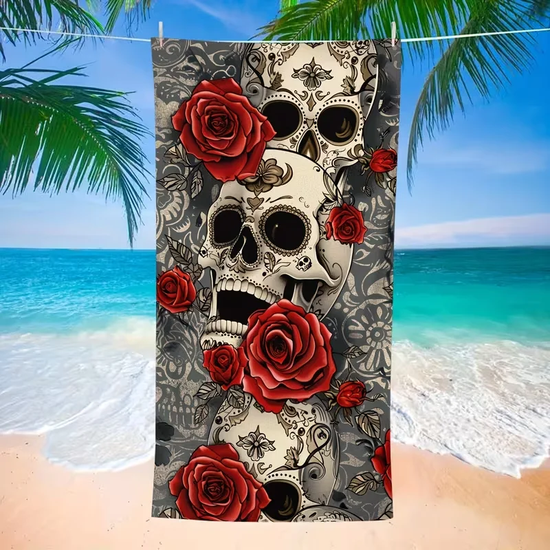 Gothic Skull Red Rose Beach Towel Dark Aesthetic Quick Dry Sand-Free Beach Blanket Skull Design Soft Lightweight Summer Towel