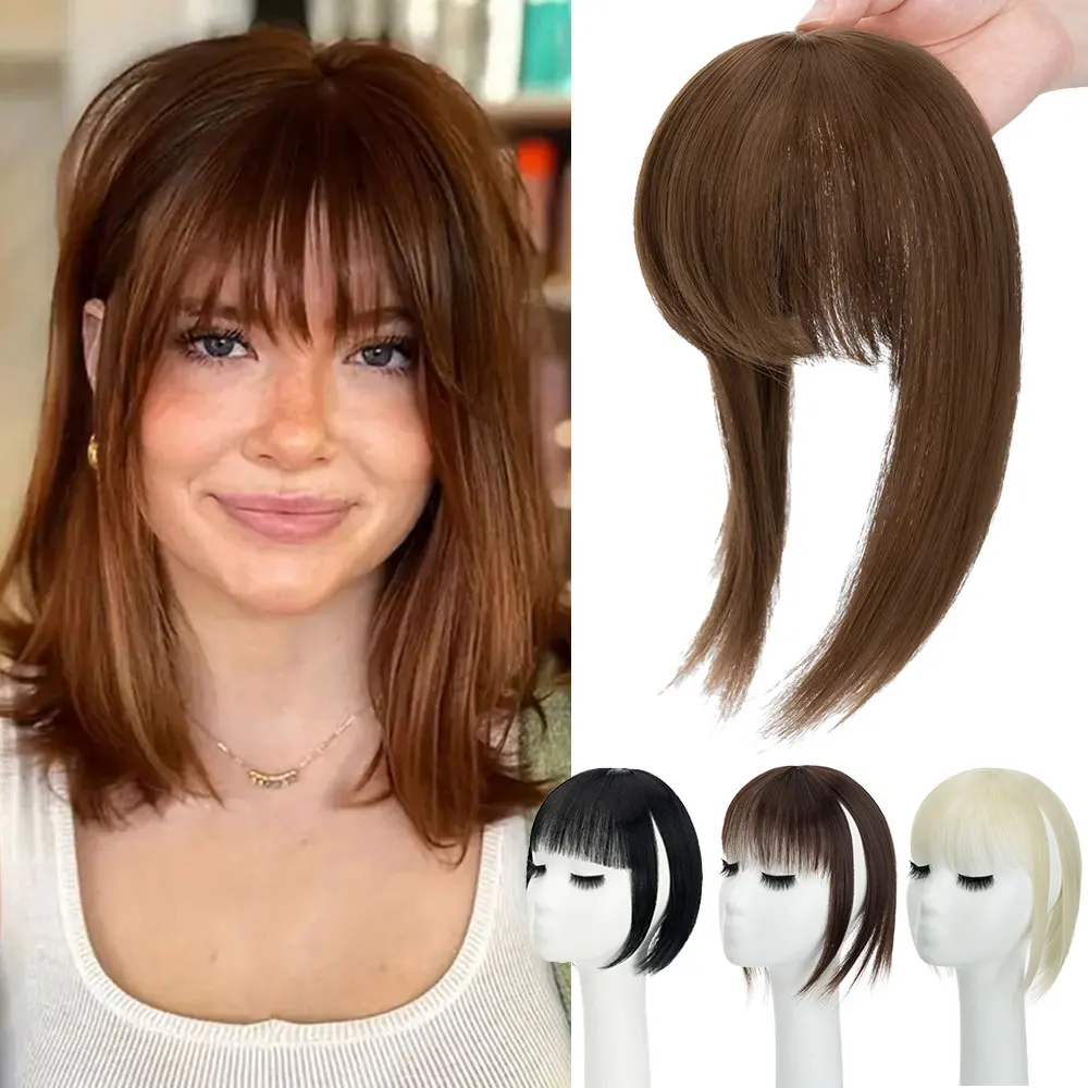 

Snoilite Synthetic Hair Topper With Bangs Invisible 3D Hair Toupee Hairpieces Top Hair Closures 10" Straight Extensions Clip in